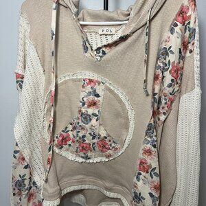POL Floral Crochet Hoodie Pullover Women’s Size L Boho Cottagecore